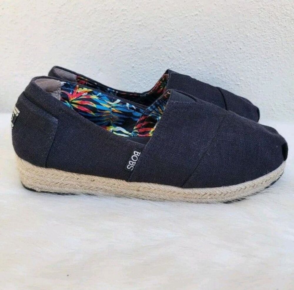 Bobs by Skechers Shoes  Womens 9.5 High Jinx Wedge Espadrille 34101 Black Canvas